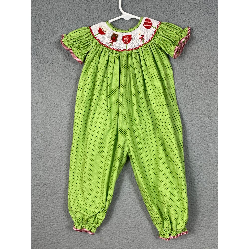 Candyland Baby Girls Size 12M Green Red Polka Dot Romper One Piece Christmas